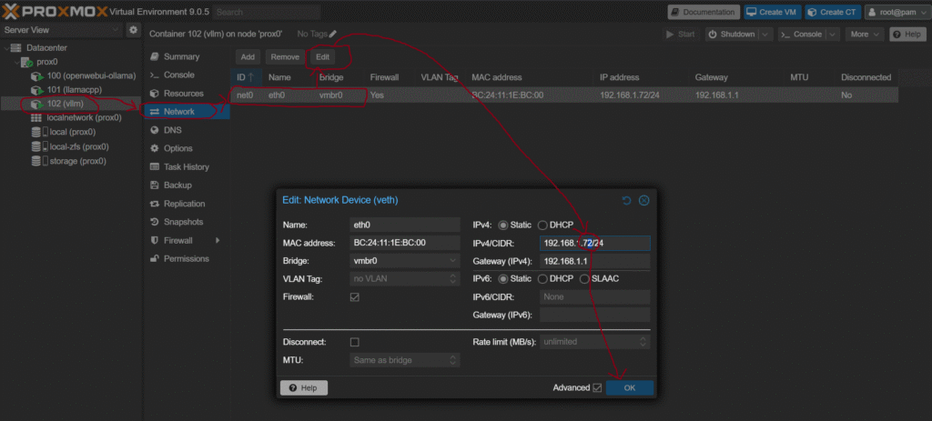 change IP address of LXC in Proxmox 9